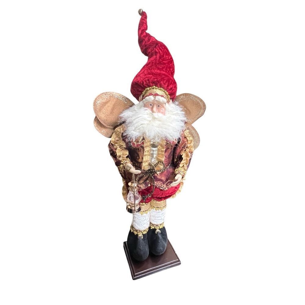 Vintage Mark Roberts Style Christmas Fairy Santa Lantern Figure Burgundy Gold Wi